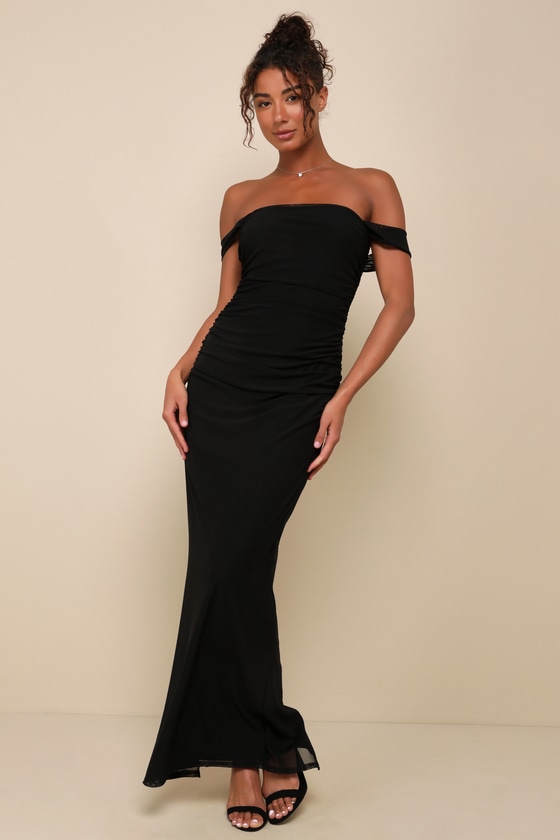 Amazing Presence Black Mesh Ruched Column Maxi Dress
