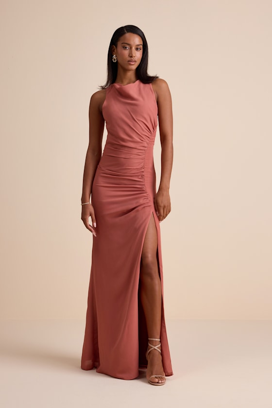 Mikaila Rusty Rose Cowl Neck Ruched Column Maxi Dress