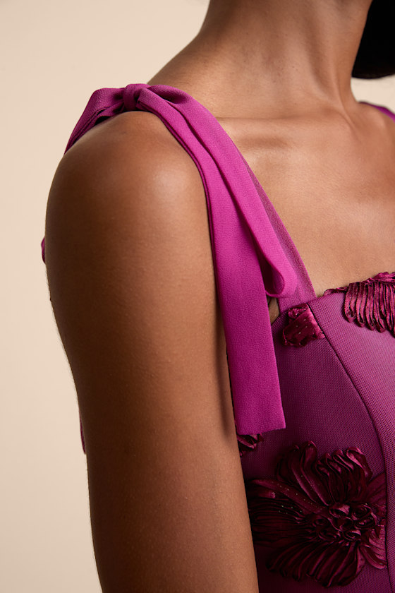 Truly Inspiring Plum Mesh Floral Applique Tie-Strap Mini Dress