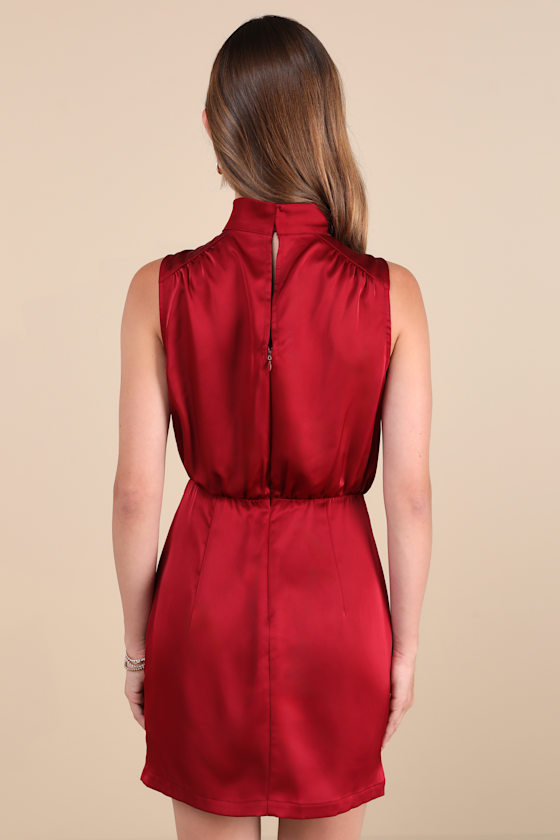 Classic Elegance Wine Red Satin Sleeveless Mock Neck Mini Dress