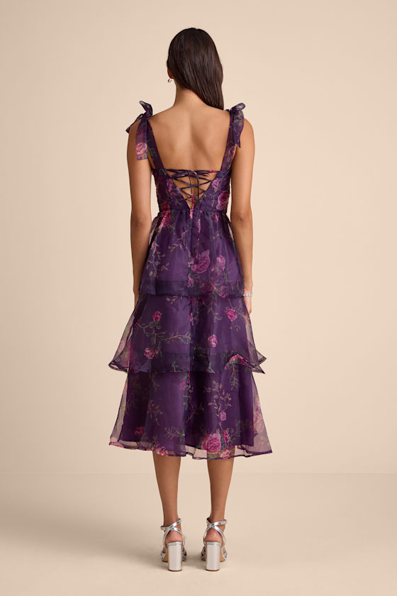 Fairytale Cutie Purple Floral Tie-Strap Tiered Midi Dress