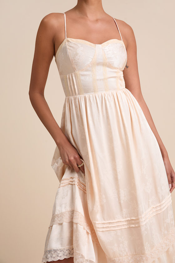 Sarisha Blush Satin Jacquard Bustier Midi Dress