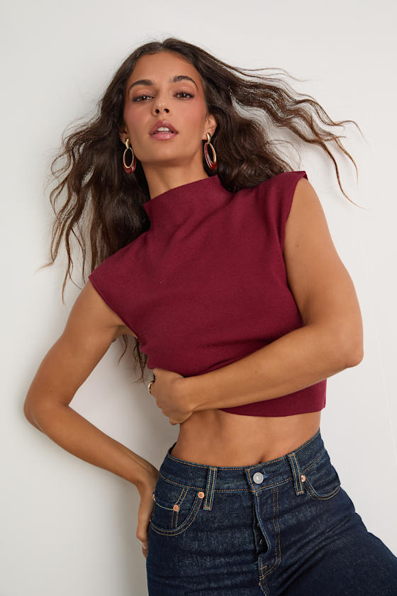Suki Wine Red Mock Neck Cap Sleeve Sweater Top
