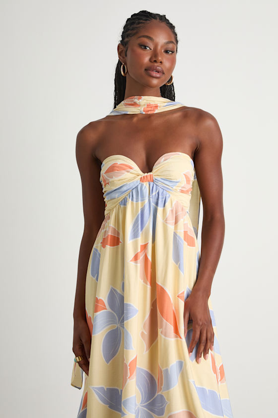 Kelia Light Yellow Leaf Print Midi Dress and Scarf Set