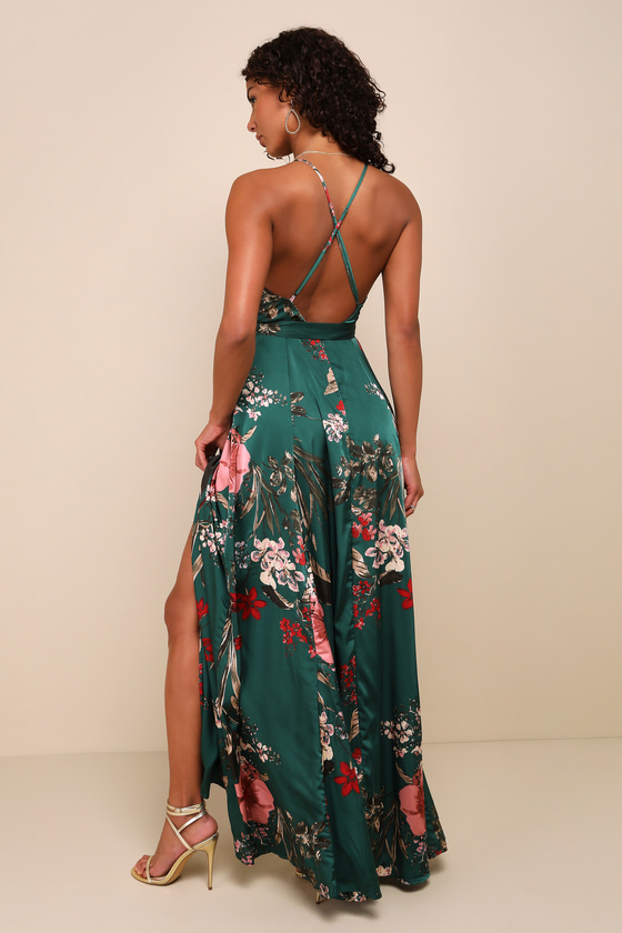 Still the One Emerald Green Floral Print Satin Maxi Dress