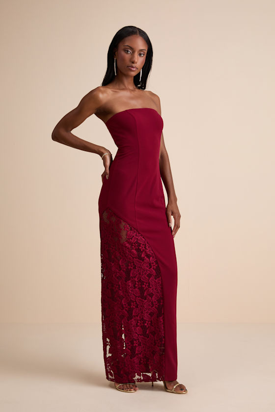 Irresistible Attitude Red Strapless Lace Column Maxi Dress