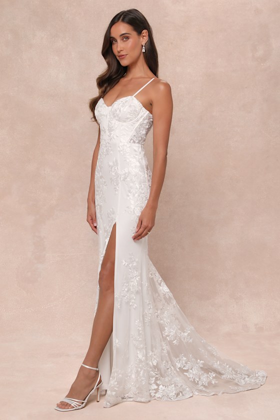 Ethereal Elegance White Embroidered Lace-Up Maxi Dress