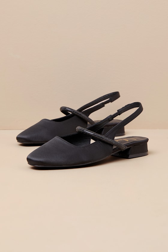 Clea Black Satin Rhinestone Slingback Flats