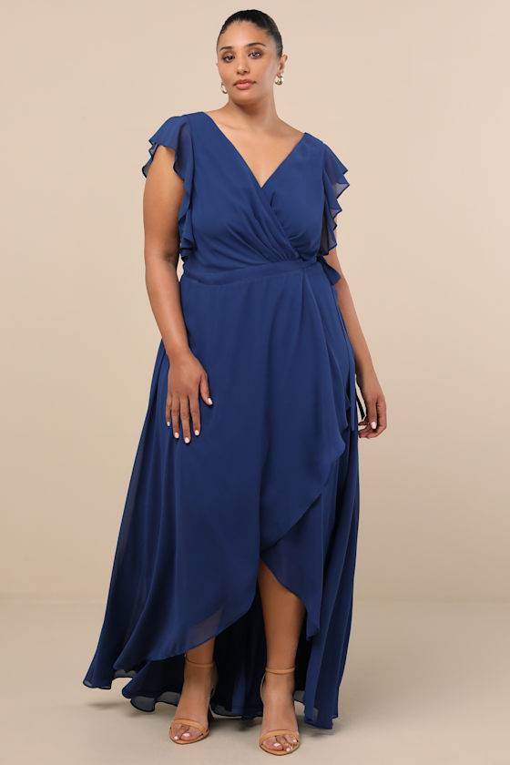 Ravishing Charm Dark Blue Ruffled Wrap High-Low Maxi Dress