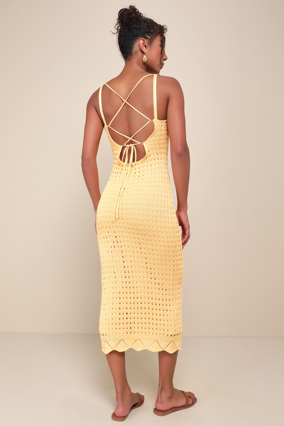 Ventura Vision Light Orange Crochet Lace-Up Midi Dress