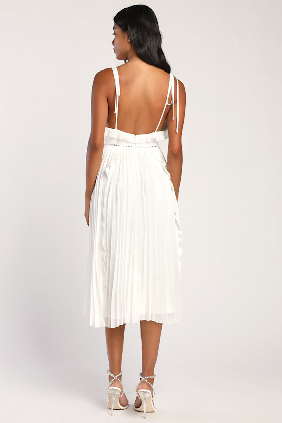Never a Dull Moment White Tie-Strap Pleated Midi Dress