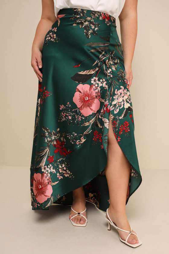 Superbly Stunning Emerald Green Floral Print Satin Maxi Skirt