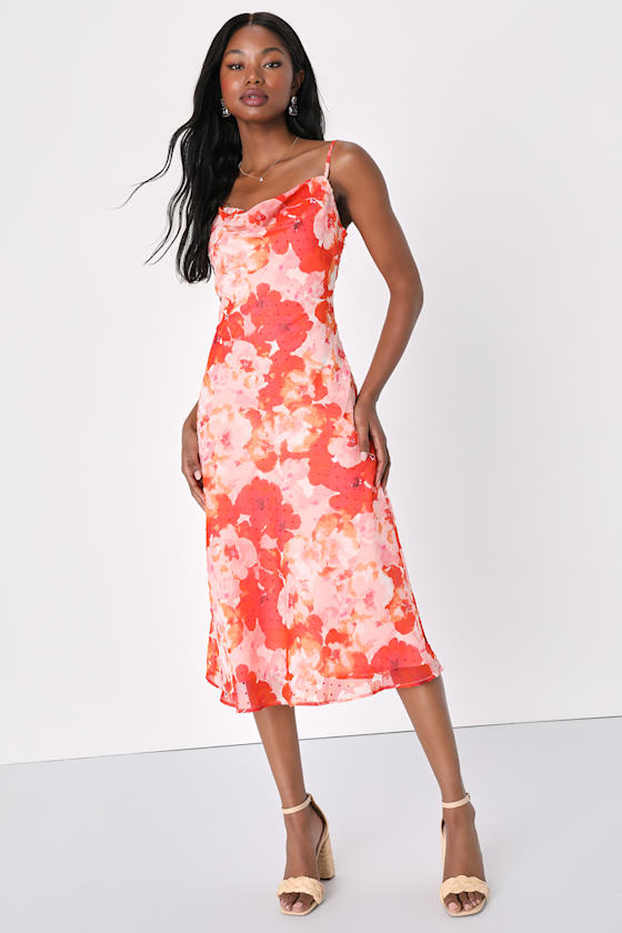 Fabulous Destiny Pink Floral Swiss Dot Cowl Neck Midi Dress