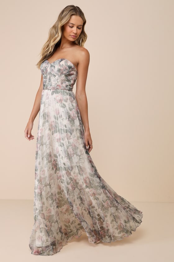 Most Beautiful Day Ivory Multi Floral Print Organza Maxi Dress