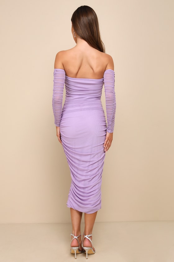 Desirable Date Lavender Mesh Ruched Off-the-Shoulder Midi Dress