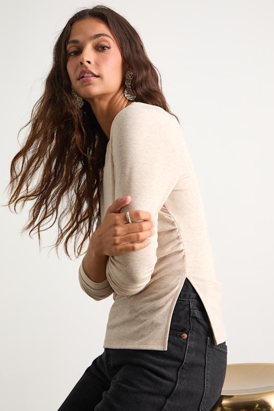 Mehra Heathered Beige Boat Neck Side Slit Long Sleeve Top