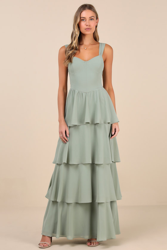 Carlynda Sage Brush Tiered Bustier Maxi Dress