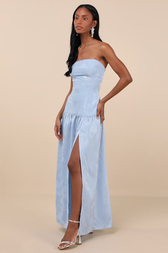 Gemmi Light Blue Satin Jacquard Drop Waist Maxi Dress