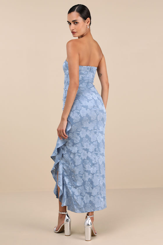 Mabriella Slate Blue Floral Burnout Ruffled Maxi Dress