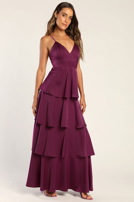 Going with Elegance Plum Purple Satin Tiered Gown