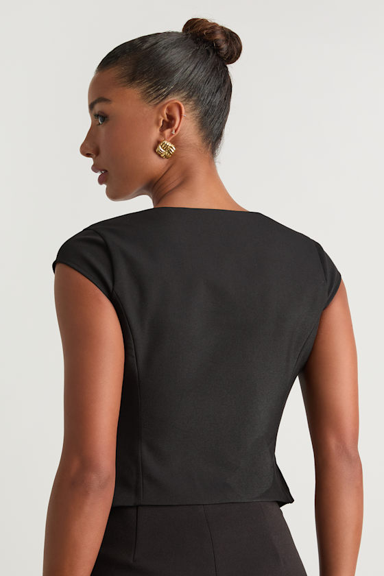 Azora Black Button-Front Cap Sleeve Top