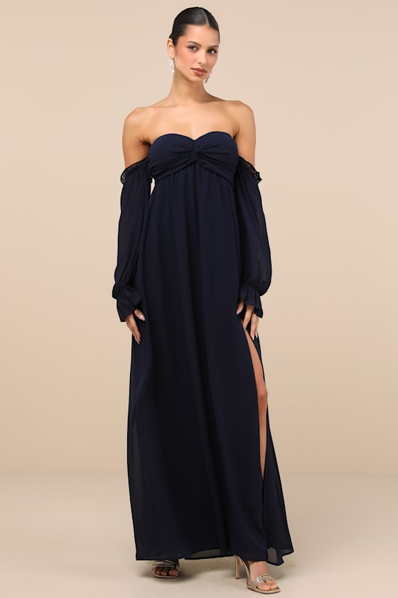 Glorious Invite Navy Blue Knotted Off-the-Shoulder Maxi Dress