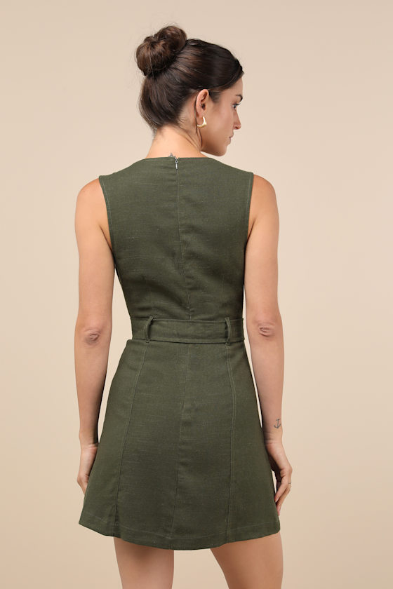 Modern Composure Olive Linen Belted Mini Dress With Pockets