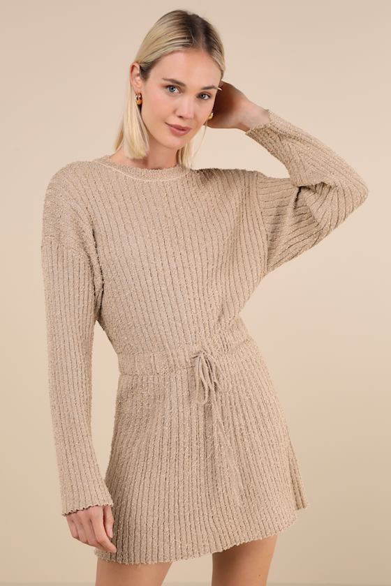 Considerable Charm Beige Boucle Knit Sweater Mini Dress