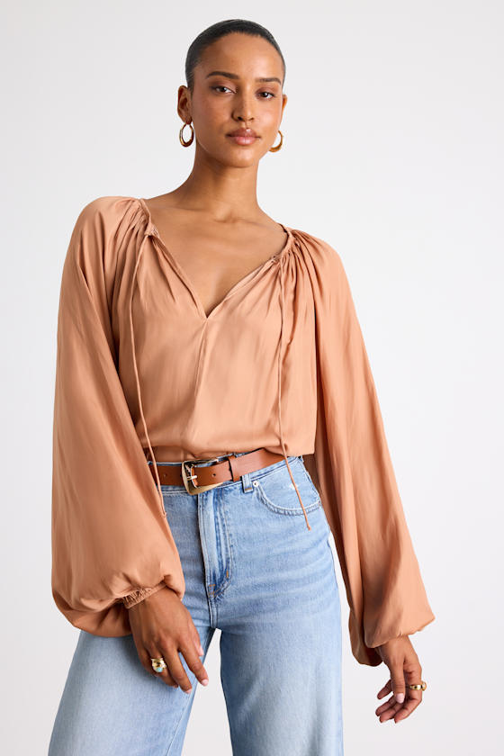 Hestia Tan Gathered Balloon Sleeve Top