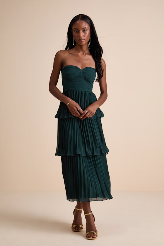 Seriously Sensational Emerald Strapless Tiered Midi Dress