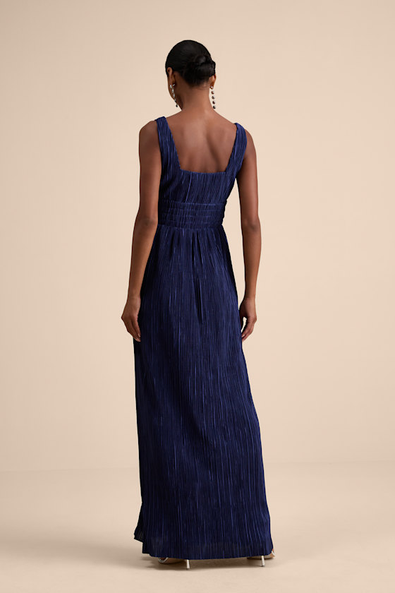 Ameena Navy Blue Plisse Square Neck Sash Maxi Dress