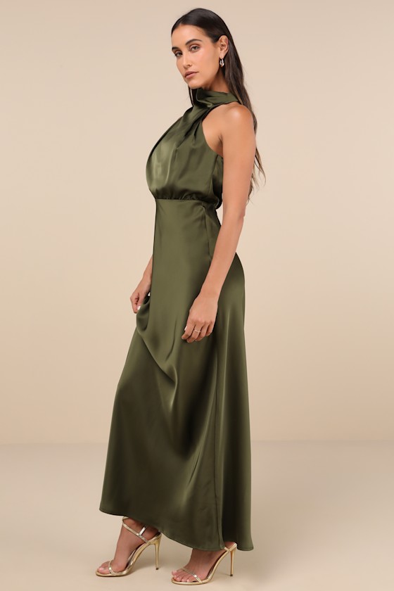 Distinctive Charm Olive Green Satin Asymmetrical Maxi Dress
