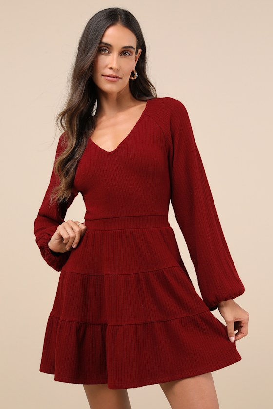 Adorable Option Wine Red Long Sleeve Mini Sweater Dress