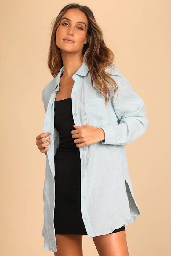 Easy To See Light Blue Oversized Button-Up Top
