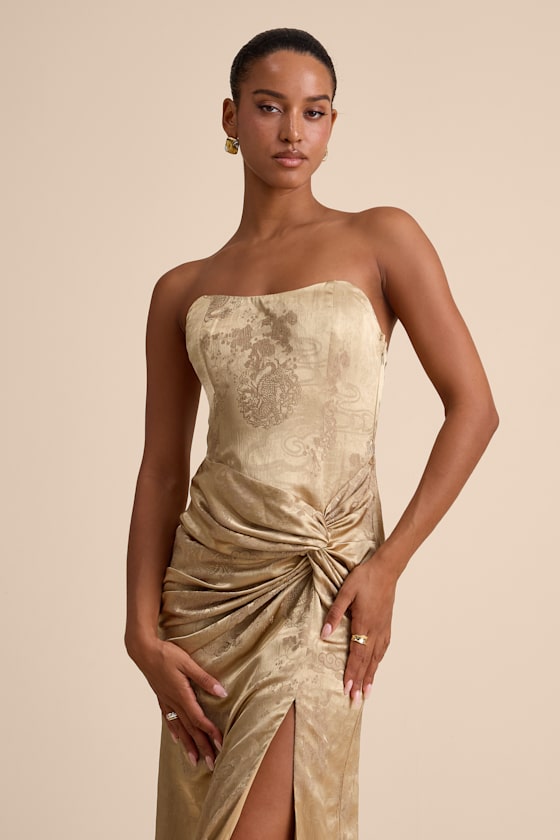 Whitney Gold Jacquard Strapless Twist-Front Maxi Dress