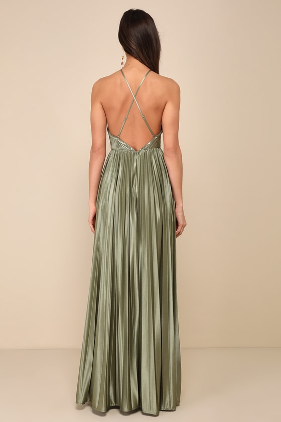 Elaborate Charm Olive Green Satin Pleated Backless Maxi Dress
