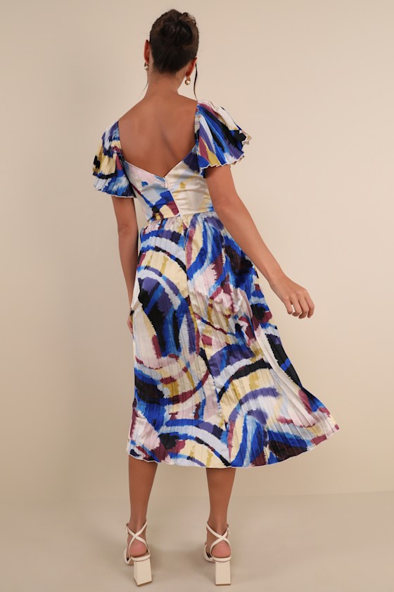 Authentically Yours Blue Multi Abstract Print Satin Midi Dress