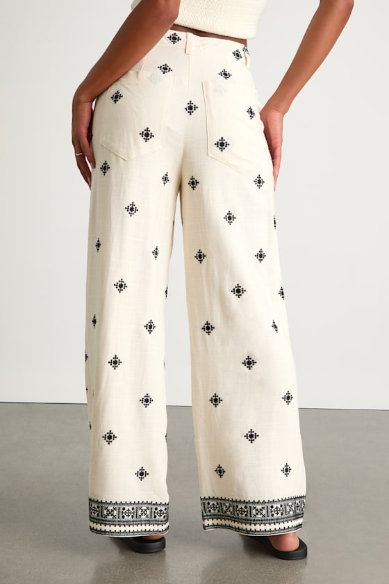 Elwen Cream and Black Linen Embroidered High-Rise Pants