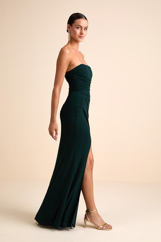 Epitome of Allure Emerald Green Strapless Ruched Tulip Maxi Dres