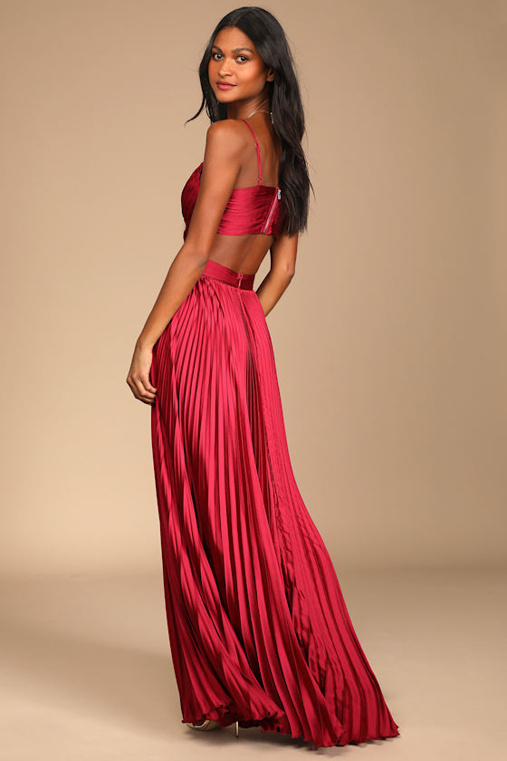 Got the Glam Wine Red Pleated Cutout Maxi Dress