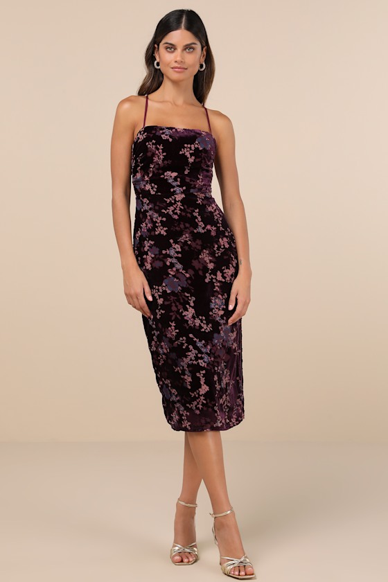 Elegant Persuasion Dark Plum Burnout Velvet Lace-Up Midi Dress