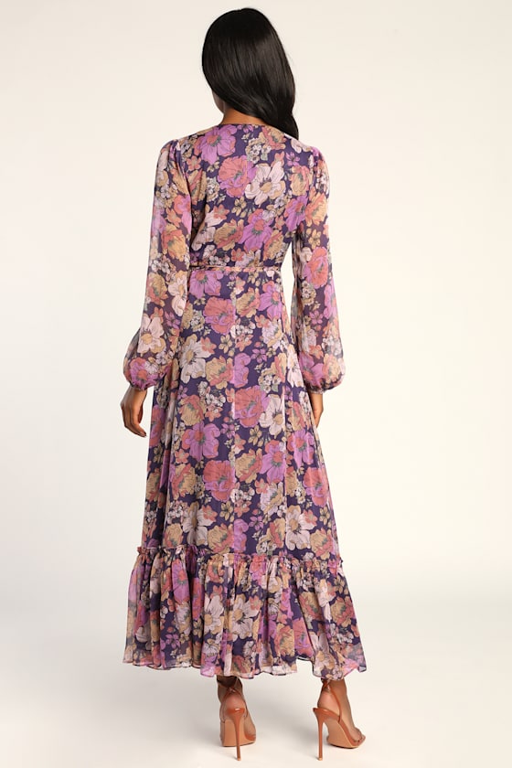 Feeling Sweet Purple Floral Print Long Sleeve Wrap Maxi Dress