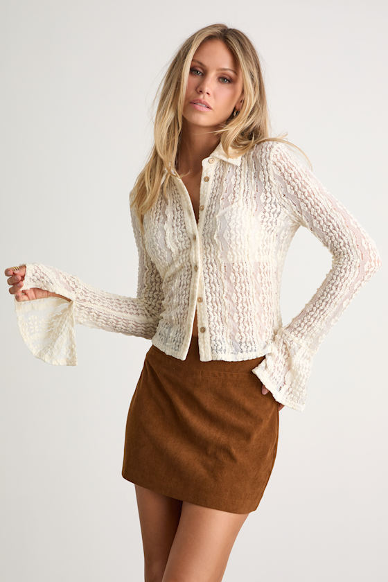 Malisa Cream Textured Lace Button-Front Long Sleeve Top