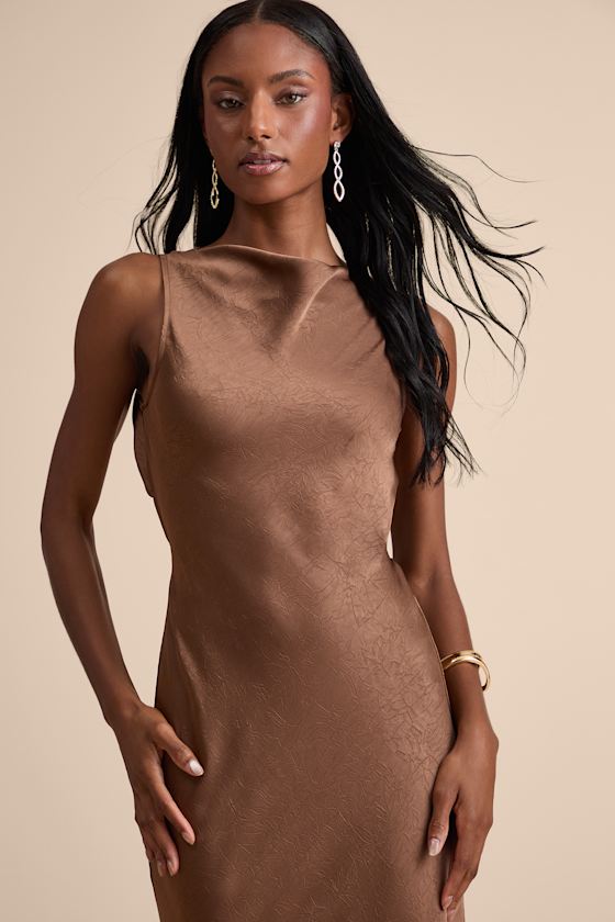 Alisha Brown Crinkle Satin Backless Maxi Dress