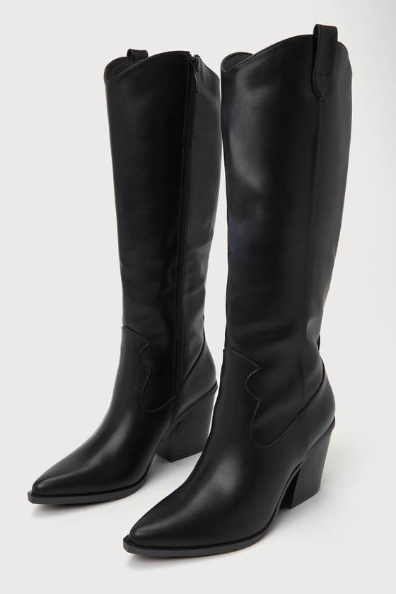 Rauland Black Pointed-Toe Knee-High Western Boots