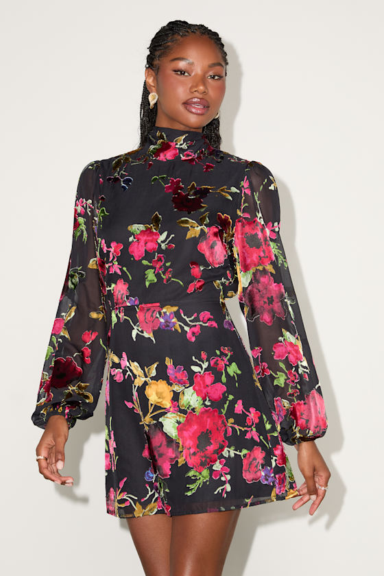 Retina Black Floral Burnout Velvet Backless Mini Dress