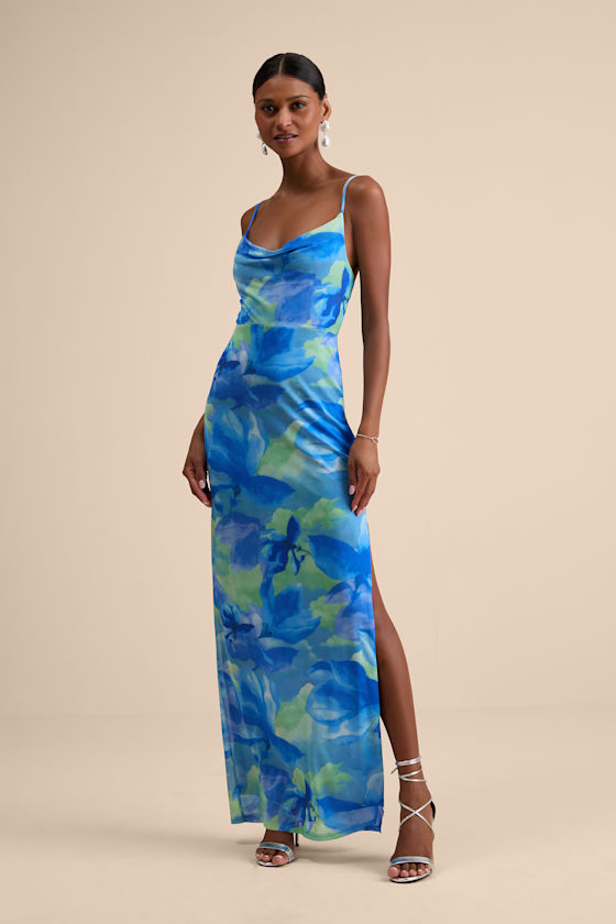 Sunniva Blue Multi Print Mesh Cowl Maxi Dress