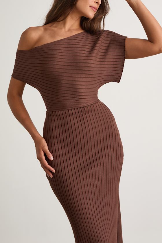 Brady Brown Ribbed Off-the-Shoulder Sweater Midi Dress