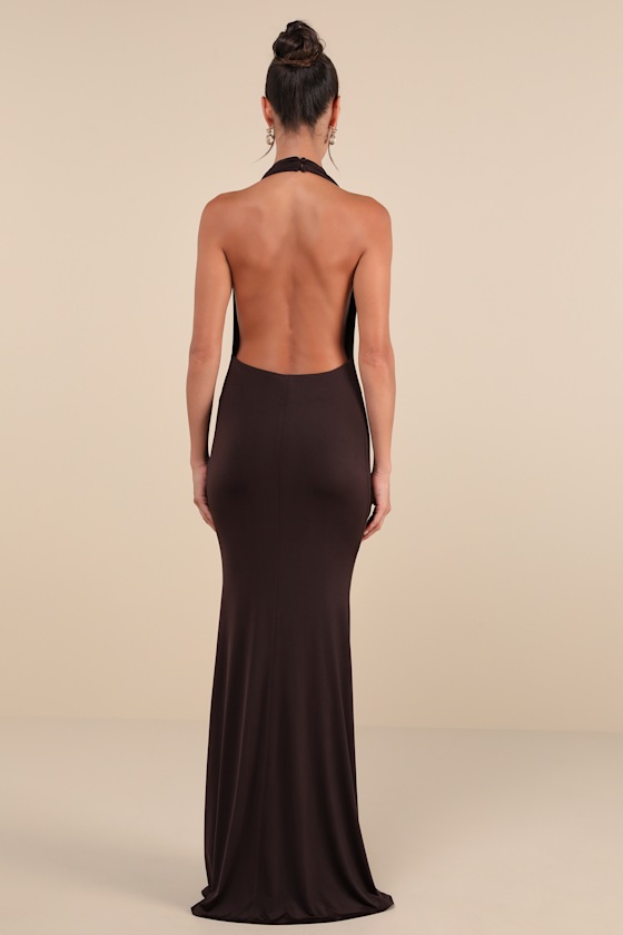 Eye-Catching Silhouette Dark Brown Cowl Neck Halter Maxi Dress