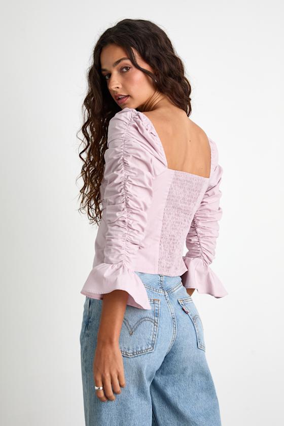 Felia Dusty Lavender Cotton Ruched Three-Quarter Sleeve Top